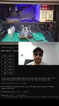 Bench camera above a terminal where an AI agent reports measured current draw against motor speed.